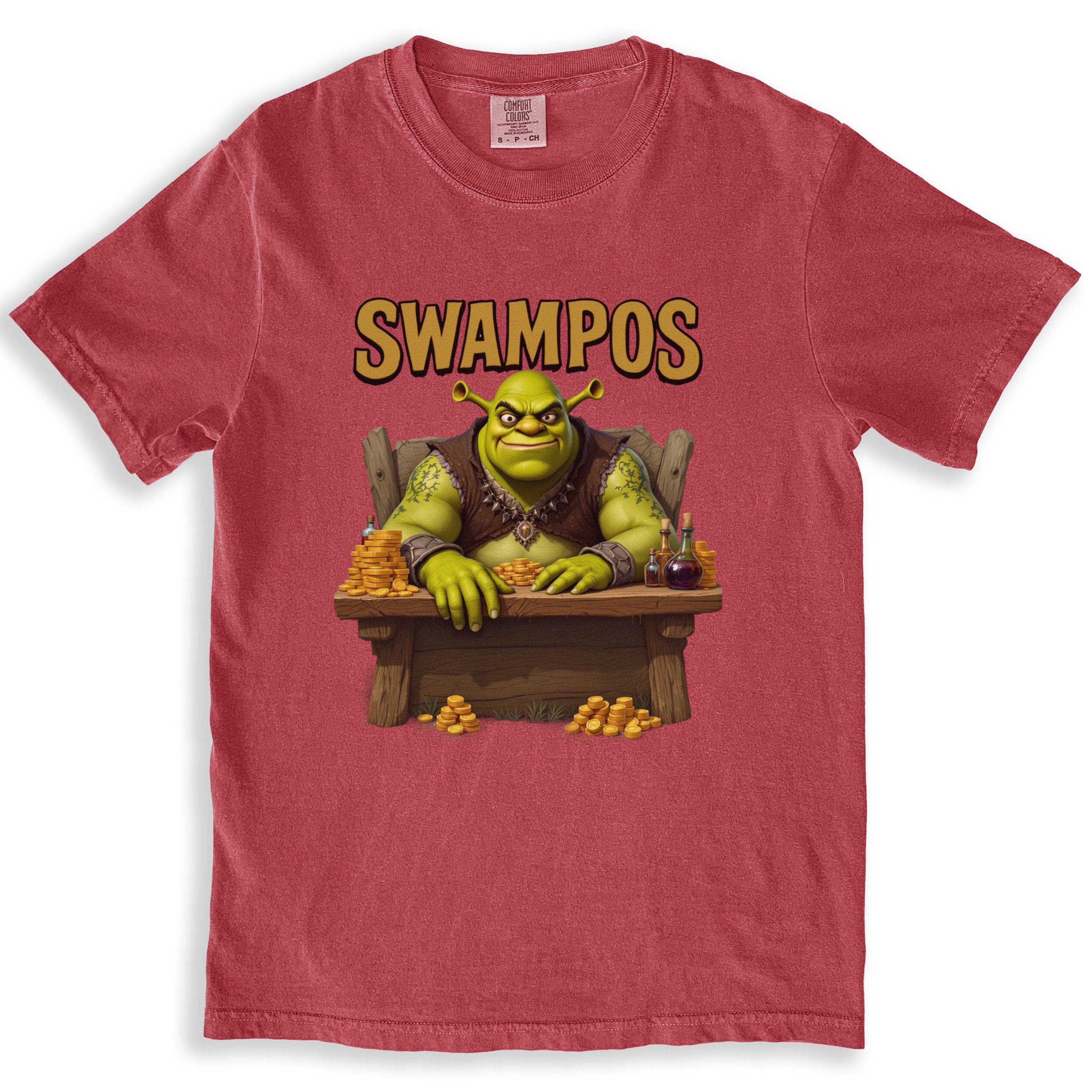 Swampos Shrek Gold Coins at Table Funny Art Printed T-Shirts